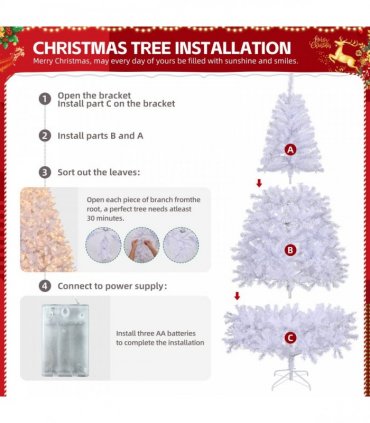 6 FT Artificial Christmas Tree with DIY 100 Warm Lights Battery Operated, 800 Branch Tips and Sturdy Metal Stand, White