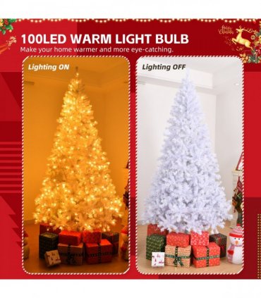 6 FT Artificial Christmas Tree with DIY 100 Warm Lights Battery Operated, 800 Branch Tips and Sturdy Metal Stand, White