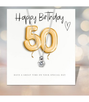 Small 50th Birthday Gold Balloons Gift Hamper - Cubic Zirconia Charm Necklace, Chocolates & Candle