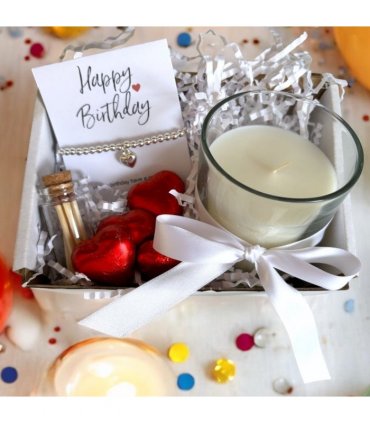 Small Happy Birthday Gift Hamper - Silver Heart Bracelet, Chocolates & Candle