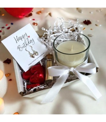 Small Happy Birthday Gift Hamper - Silver Heart Drop Earrings, Chocolates & Candle