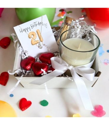 Small 21st Birthday Gold Balloons Gift Hamper - Cubic Zirconia Charm Necklace, Chocolates & Candle