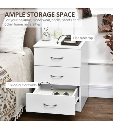 HOMCOM Modern 3 Drawers Side Cabinet Wooden Bedside Table White