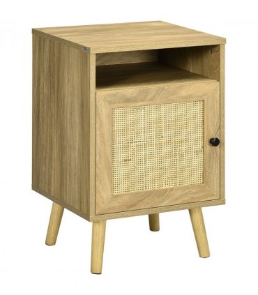 HOMCOM Nightstand, Rattan Bedside Table w/ Cabinet, Shelf, Natural