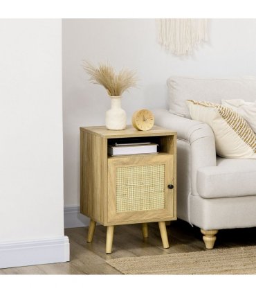 HOMCOM Nightstand, Rattan Bedside Table w/ Cabinet, Shelf, Natural
