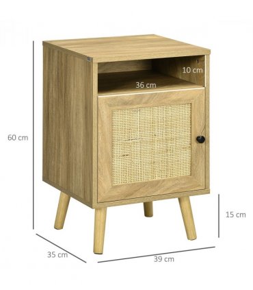 HOMCOM Nightstand, Rattan Bedside Table w/ Cabinet, Shelf, Natural