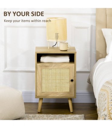 HOMCOM Nightstand, Rattan Bedside Table w/ Cabinet, Shelf, Natural
