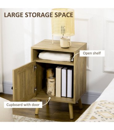 HOMCOM Nightstand, Rattan Bedside Table w/ Cabinet, Shelf, Natural
