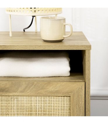 HOMCOM Nightstand, Rattan Bedside Table w/ Cabinet, Shelf, Natural