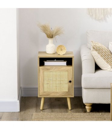 HOMCOM Nightstand, Rattan Bedside Table w/ Cabinet, Shelf, Natural