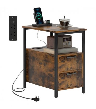 HOMCOM Bedside Table with Charging Station for Living Room, Rustic Brown