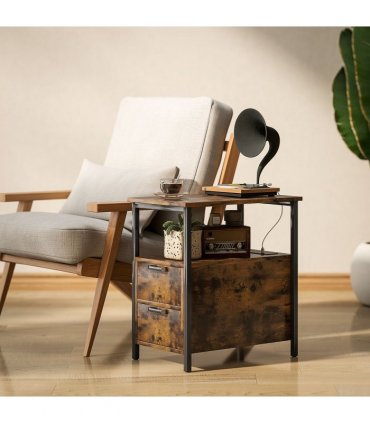 HOMCOM Bedside Table with Charging Station for Living Room, Rustic Brown