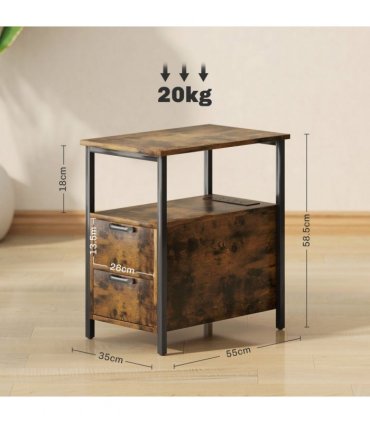 HOMCOM Bedside Table with Charging Station for Living Room, Rustic Brown