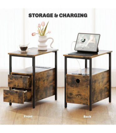 HOMCOM Bedside Table with Charging Station for Living Room, Rustic Brown
