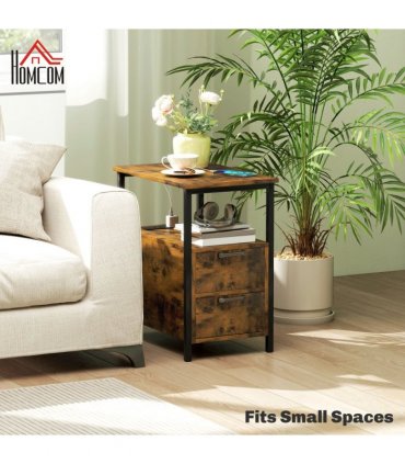HOMCOM Bedside Table with Charging Station for Living Room, Rustic Brown