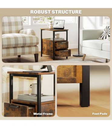 HOMCOM Bedside Table with Charging Station for Living Room, Rustic Brown
