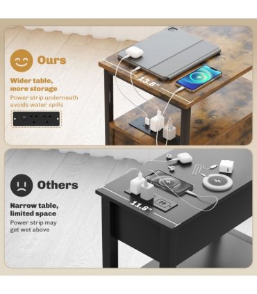 HOMCOM Bedside Table with Charging Station for Living Room, Rustic Brown