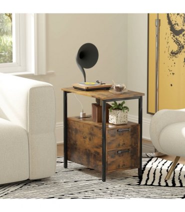 HOMCOM Bedside Table with Charging Station for Living Room, Rustic Brown