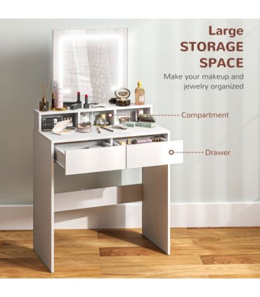 HOMCOM Dressing Table with Mirror, LED Lights, Drawers, for Bedroom, White