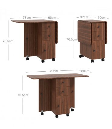 HOMCOM Folding Dining Table, Drop Leaf Table With Drawers Distressed Brown