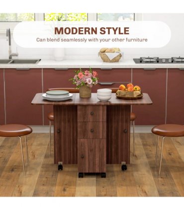HOMCOM Folding Dining Table, Drop Leaf Table With Drawers Distressed Brown