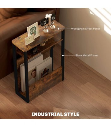 HOMCOM Narrow Side Table with Storage, Bedside End Table, Rustic Brown