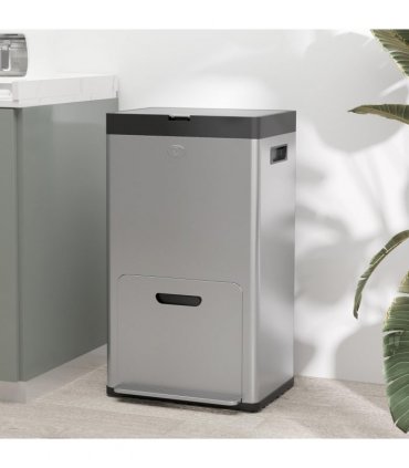 HOMCOM 3 Compartment Kitchen Bin, 56L Stainless Steel Pedal Bin with Wheels