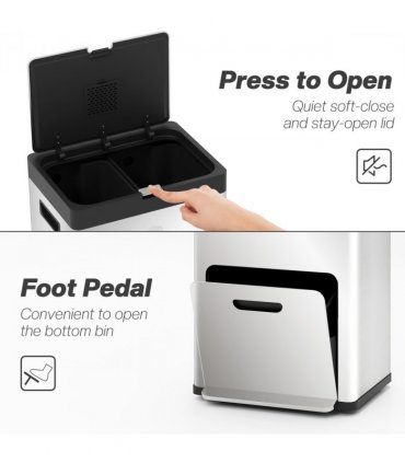 HOMCOM 3 Compartment Kitchen Bin, 56L Stainless Steel Pedal Bin with Wheels