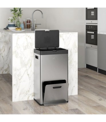 HOMCOM 3 Compartment Kitchen Bin, 56L Stainless Steel Pedal Bin with Wheels