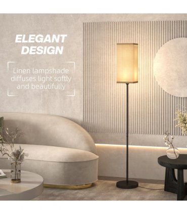 HOMCOM Standing Floor Lamp with Linen Shade for Living Room, Bedroom, Black