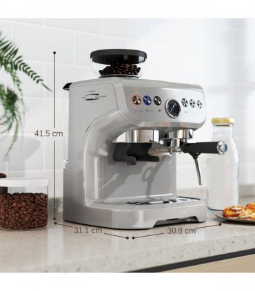 HOMCOM Espresso Machine, Bean Grinder & Steam Wand, 15 Bar Pressure, Silver.