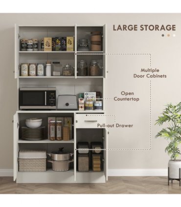 HOMCOM Freestanding Kitchen Cupboard, Storage Cabinet with Doors Cream White