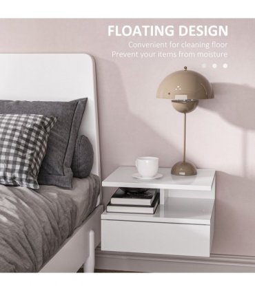 HOMCOM Nightstand Set of 2, Wall Mounted Bedside Cabinet, High Gloss White