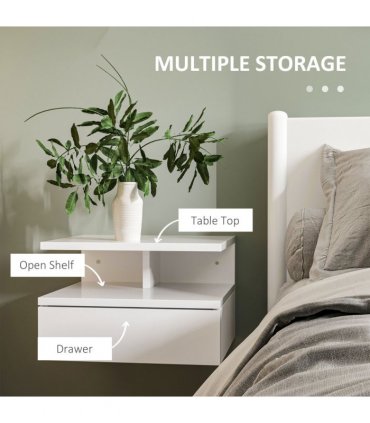 HOMCOM Nightstand Set of 2, Wall Mounted Bedside Cabinet, High Gloss White