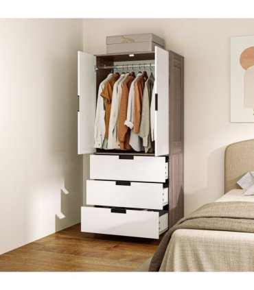 HOMCOM 2 Door Wardrobe Brown Wardrobe with 3 Drawer and Hanging Rod Brown