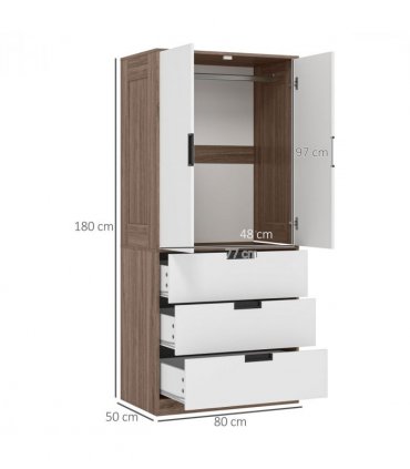 HOMCOM 2 Door Wardrobe Brown Wardrobe with 3 Drawer and Hanging Rod Brown