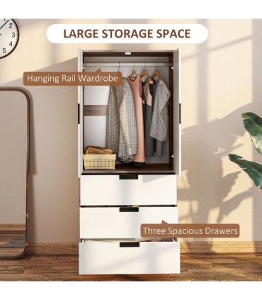 HOMCOM 2 Door Wardrobe Brown Wardrobe with 3 Drawer and Hanging Rod Brown