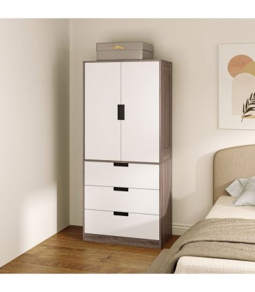 HOMCOM 2 Door Wardrobe Brown Wardrobe with 3 Drawer and Hanging Rod Brown