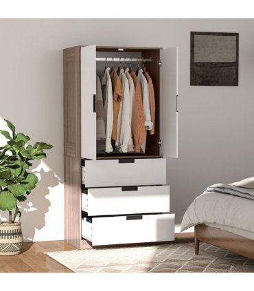HOMCOM 2 Door Wardrobe Brown Wardrobe with 3 Drawer and Hanging Rod Brown