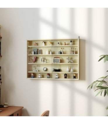 HOMCOM 5-Tier Wall Display Shelf Unit Cabinet w/ Shelves Glass Doors Oak