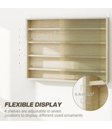 HOMCOM 5-Tier Wall Display Shelf Unit Cabinet w/ Shelves Glass Doors Oak