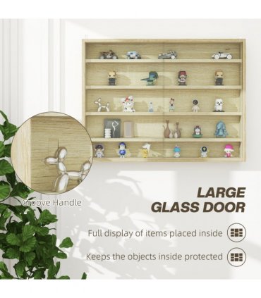HOMCOM 5-Tier Wall Display Shelf Unit Cabinet w/ Shelves Glass Doors Oak