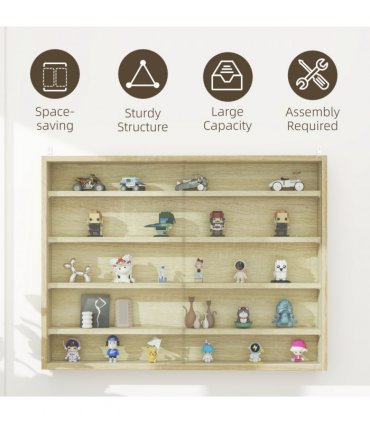 HOMCOM 5-Tier Wall Display Shelf Unit Cabinet w/ Shelves Glass Doors Oak