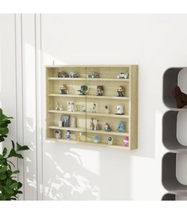HOMCOM 5-Tier Wall Display Shelf Unit Cabinet w/ Shelves Glass Doors Oak