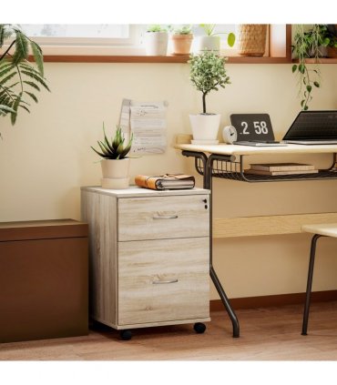HOMCOM Pedestal Office Mobile Filing Cabinet 2 Drawer Wooden Storage Oak
