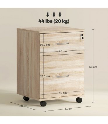 HOMCOM Pedestal Office Mobile Filing Cabinet 2 Drawer Wooden Storage Oak