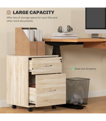 HOMCOM Pedestal Office Mobile Filing Cabinet 2 Drawer Wooden Storage Oak
