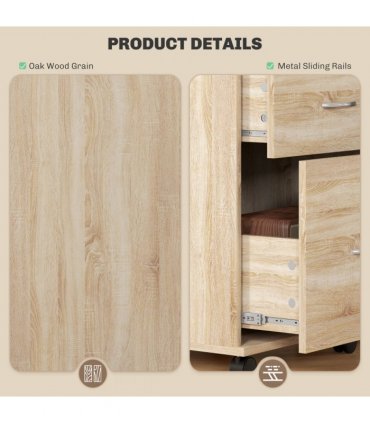 HOMCOM Pedestal Office Mobile Filing Cabinet 2 Drawer Wooden Storage Oak