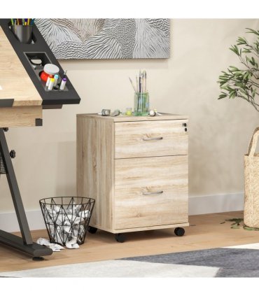 HOMCOM Pedestal Office Mobile Filing Cabinet 2 Drawer Wooden Storage Oak