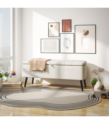 HOMCOM Storage Ottoman Bench, Linen Fabric Footstool with Steel Legs Cream White